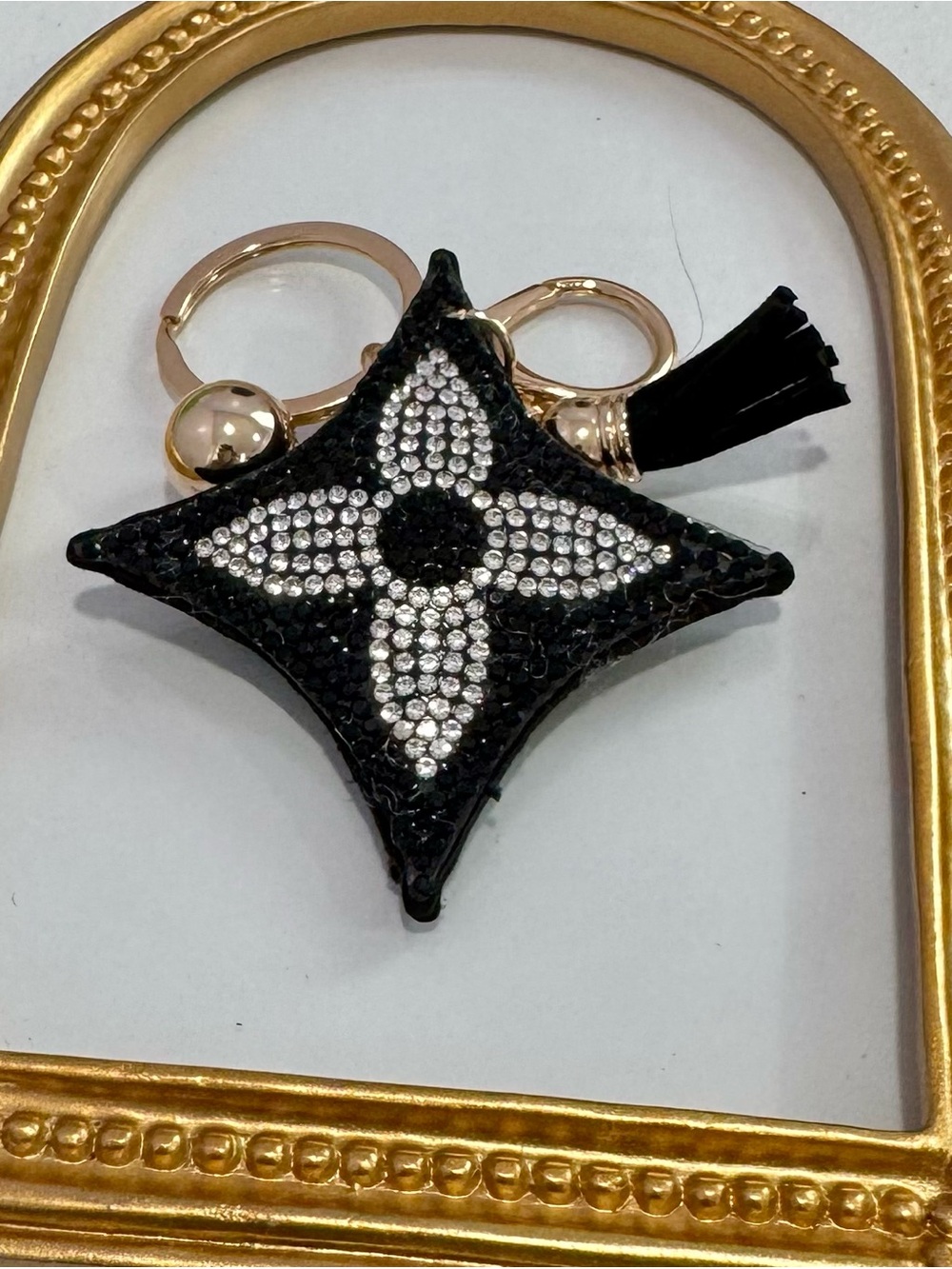 New Crystal-Embellished Black Silver Star Keychain  with Tassel